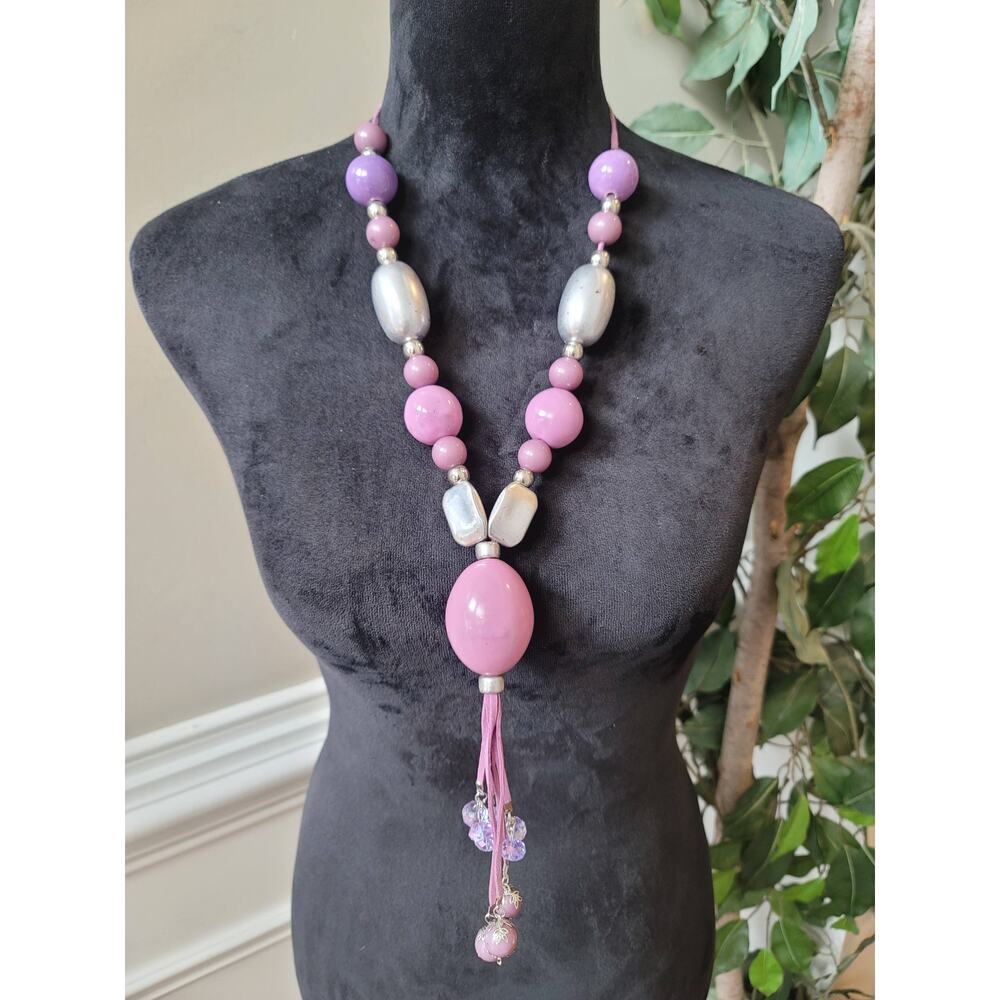 Women's Statement Necklace Pink Purple Beaded Long Tassel No Clasp Jewelry